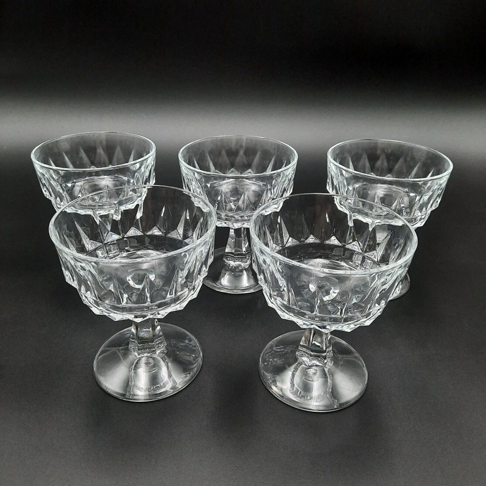 Arcoroc‎ France Arctic Pattern Glass Dessert Champagne Set Of 5 Pressed Crystal